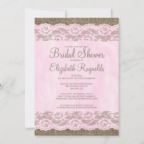 Pink &amp; Brown Rustic Lace Bridal Shower Invitations