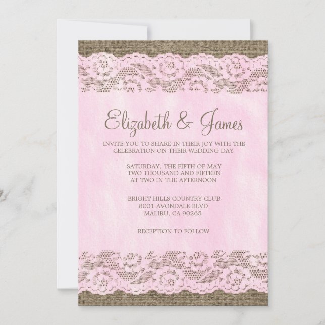 Pink & Brown Rustic Lace Wedding Invitations (Front)