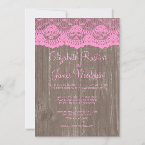 Pink Brown Rustic Lace Wood Wedding Invitations