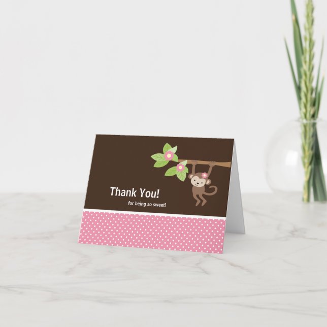 Pink & Brown Safari Monkey Thank You Note Card (Front)
