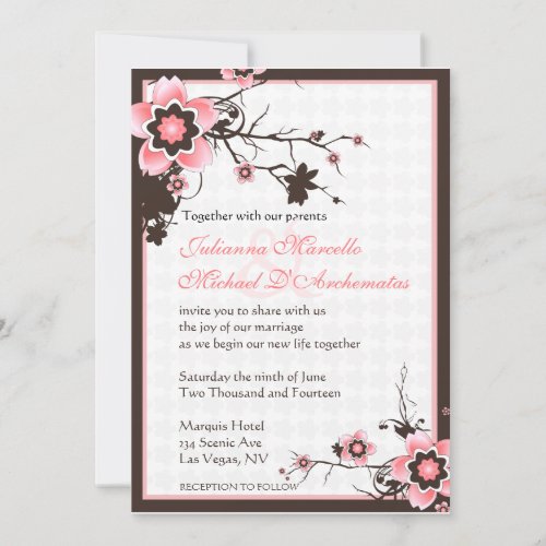 Pink  Brown Sakura Cherry Blossoms Wedding Invite