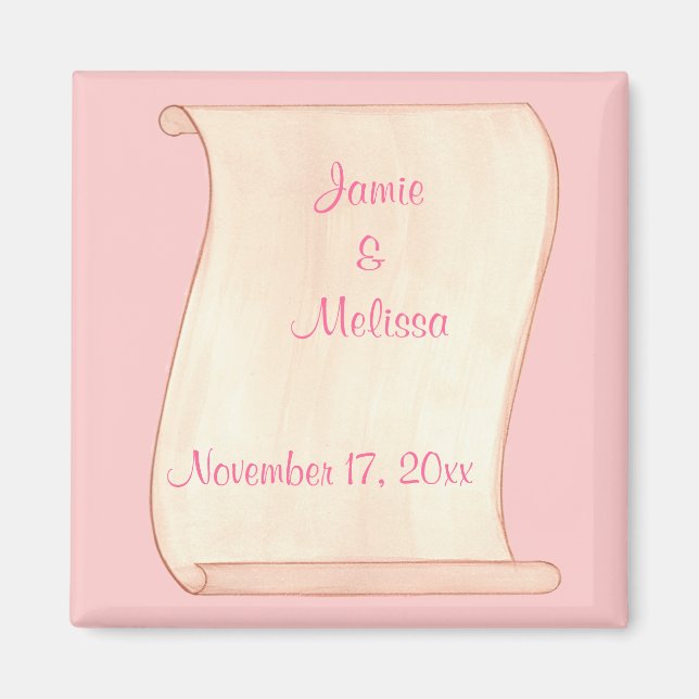 Pink & Brown Scroll Save the date Wedding Magnets (Front)