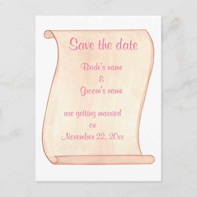 Pink, Brown Scroll Save the date wedding postcards (Front)