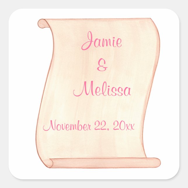 Pink & Brown Scroll Wedding Save the date stickers (Front)