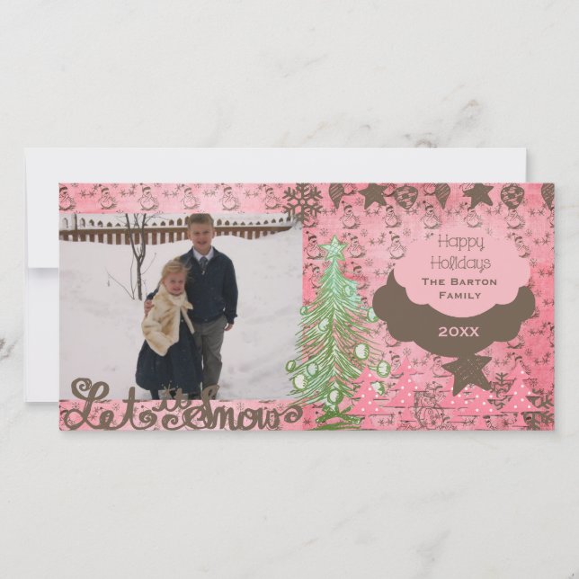 Pink/Brown Snowmen Christmas Holiday Photo Card (Front)