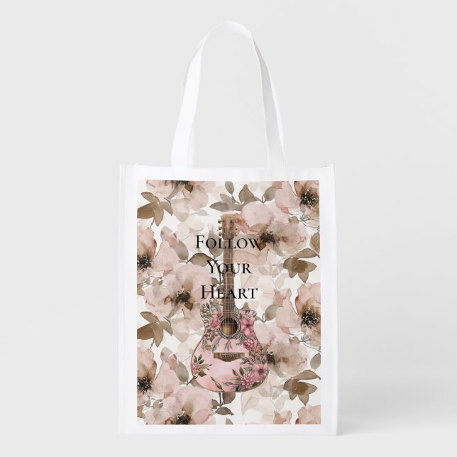 Pink Brown Southwestern Floral Guitar Grocery Bag (Front)