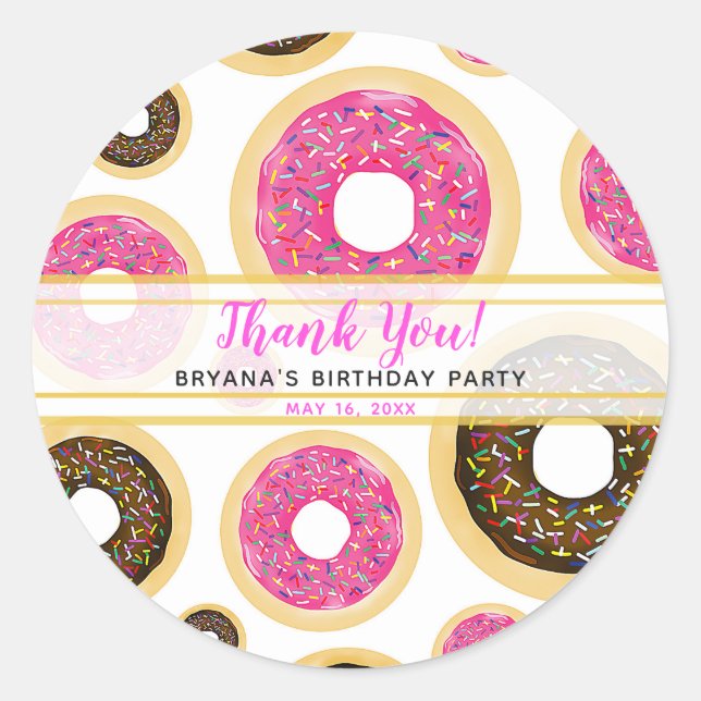 Pink & Brown Sprinkle Donuts Modern Birthday Party Classic Round Sticker (Front)