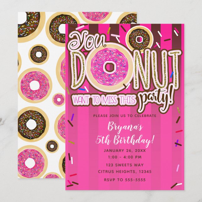 Pink & Brown Sprinkle Donuts Modern Birthday Party Invitation (Front/Back)