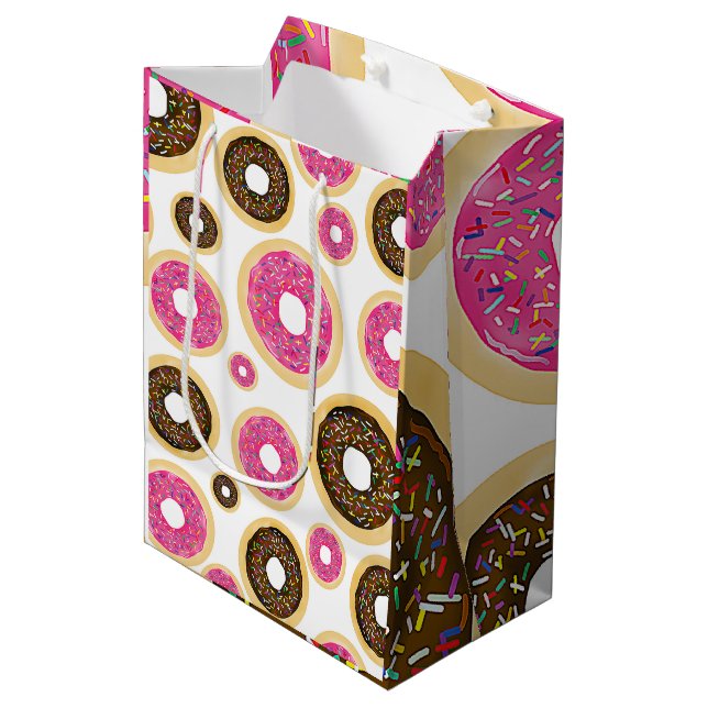 Pink & Brown Sprinkle Donuts Modern Birthday Party Medium Gift Bag (Front Angled)