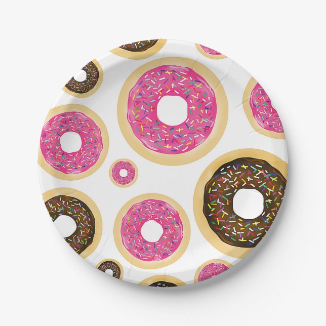 Pink & Brown Sprinkle Donuts Modern Birthday Party Paper Plates (Front)