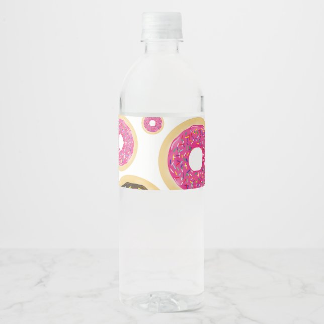 Pink & Brown Sprinkle Donuts Modern Birthday Party Water Bottle Label (Front)