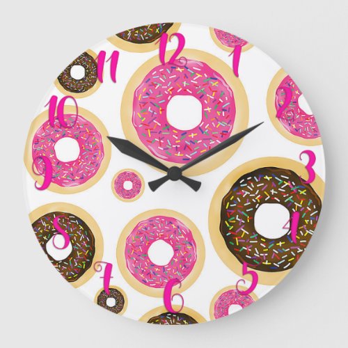 Pink  Brown Sprinkle Donuts Modern Fun Cute Large Clock