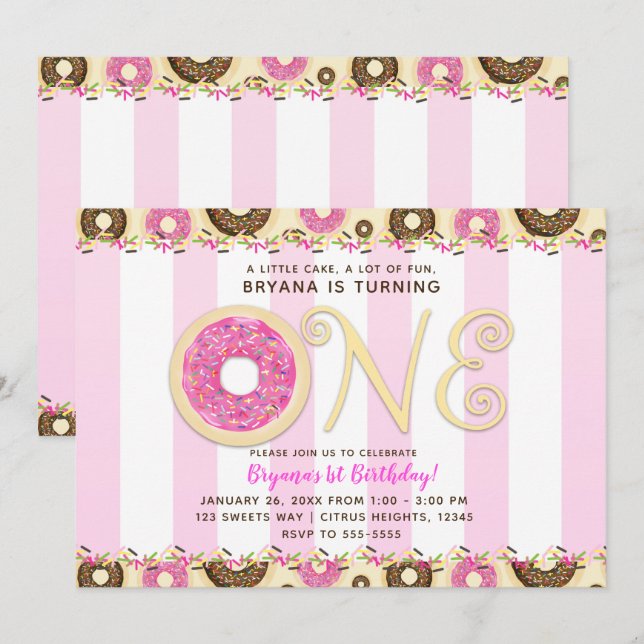 Pink Brown Sprinkle Donuts ONE 1ST Birthday Party Invitation (Front/Back)