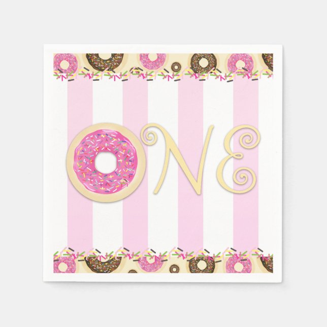 Pink Brown Sprinkle Donuts ONE 1ST Birthday Party Paper Napkins (Front)