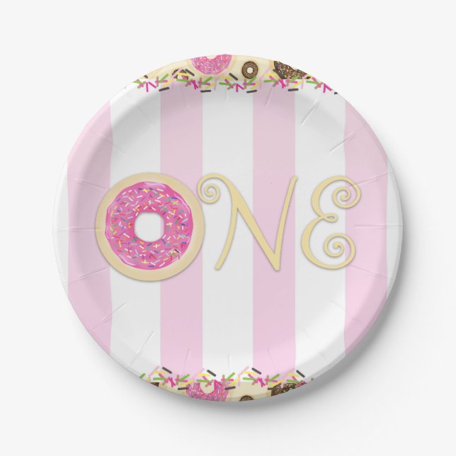 Pink Brown Sprinkle Donuts ONE 1ST Birthday Party Paper Plates (Front)