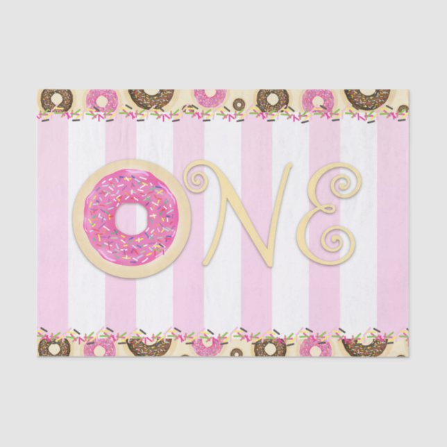Pink Brown Sprinkle Donuts ONE 1ST Birthday Party Tissue Paper (Front)