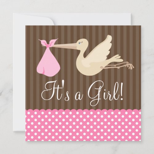 Pink Brown Stork Dots Girl Baby Shower Invites