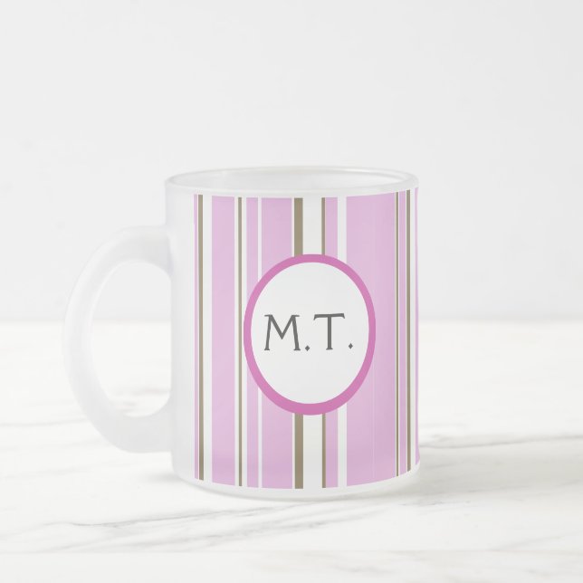 Pink Brown Stripe Monogram Frosted Glass Coffee Mug (Left)