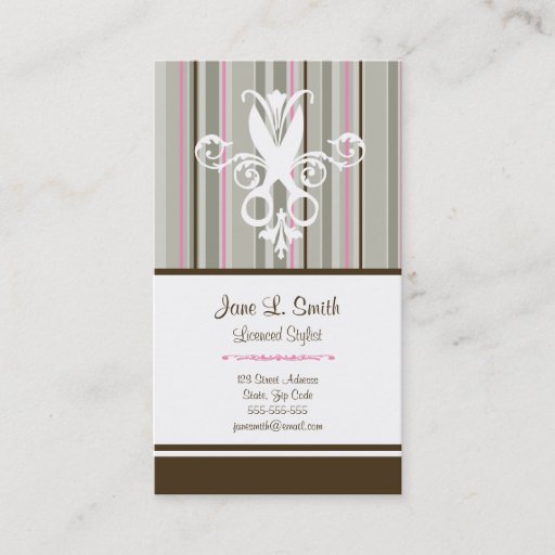 Customizable Pink/Brown Stripe Scissors Business Card Templates