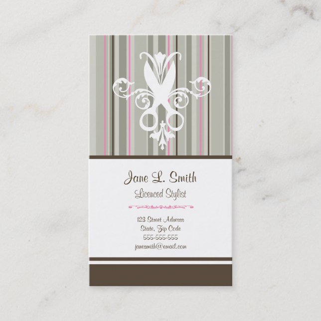 Pink/Brown Stripe Scissors Appointment Card (Front)