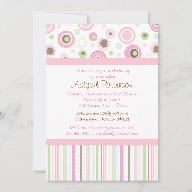 Pink Brown Sweet Girl Polka Dot Christening Invitation (Front)