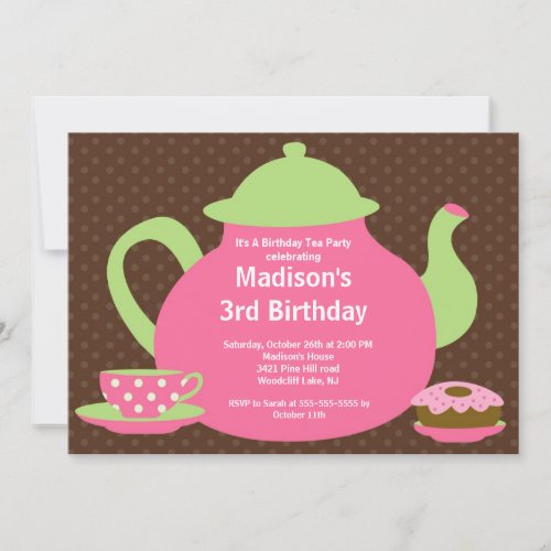 Pink &amp; Brown Tea Party Birthday Party Invitation