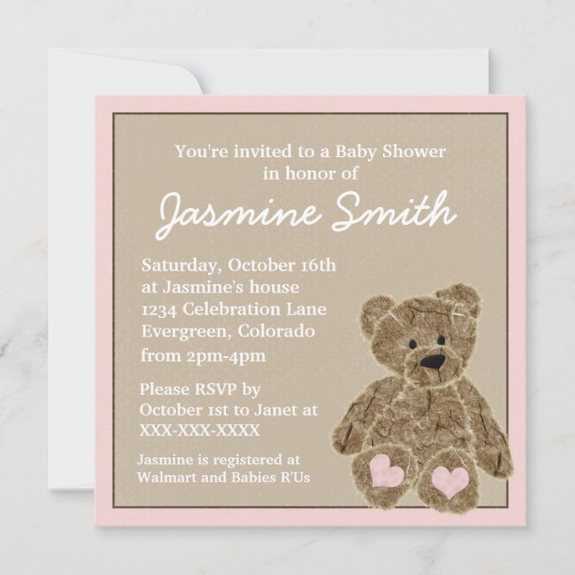 Pink brown teddy bear baby shower invitations (Front)