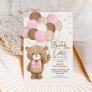 Pink Brown Teddy Bear Balloons Girl Baby Shower Invitation