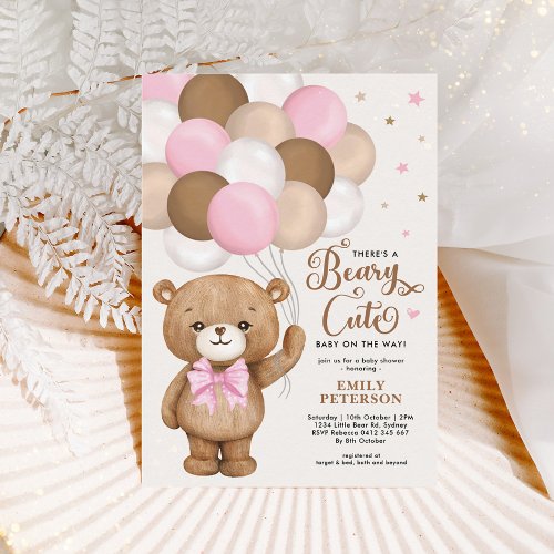 Pink Brown Teddy Bear Balloons Girl Baby Shower Invitation