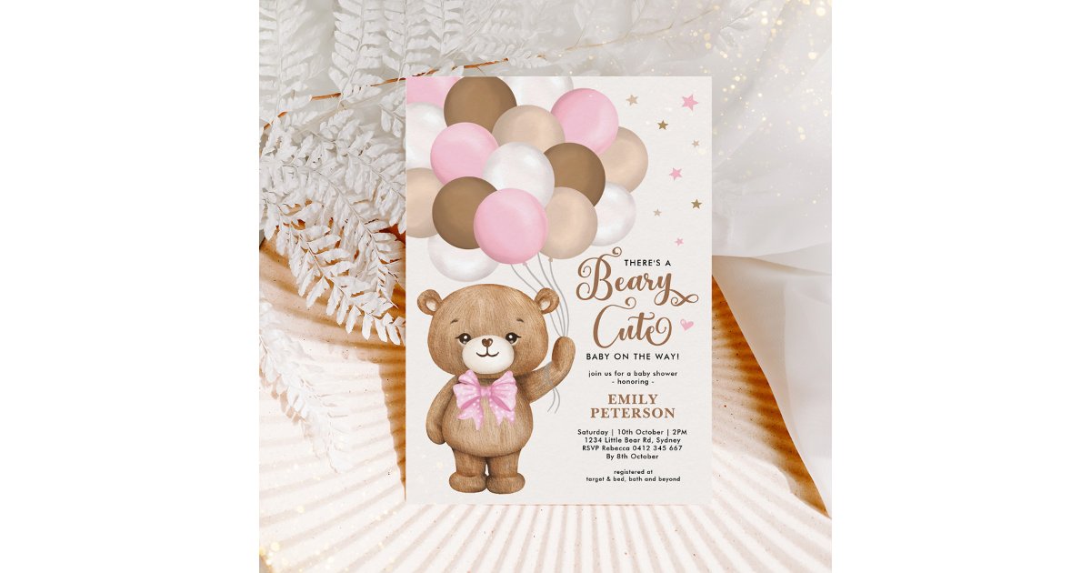 Pink Brown Teddy Bear Balloons Girl Baby Shower Invitation | Zazzle