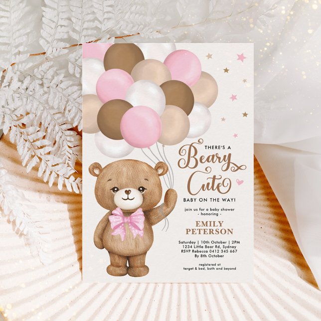 Pink Brown Teddy Bear Balloons Girl Baby Shower Invitation (Creator Uploaded)