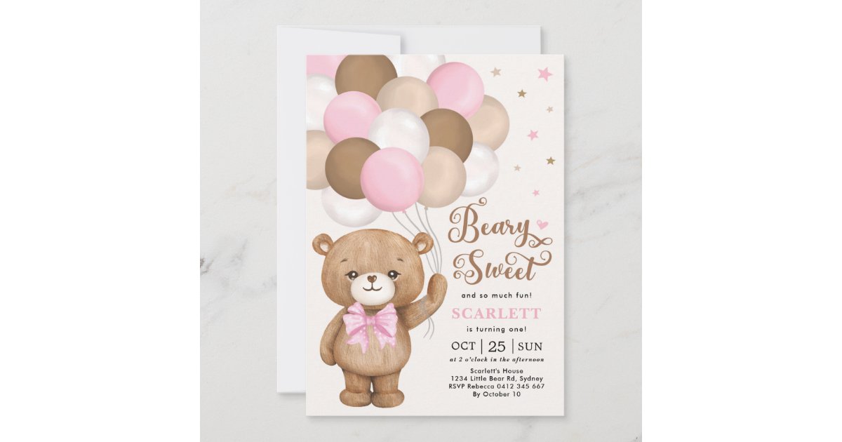 Pink Brown Teddy Bear with Balloons Girl Birthday Invitation | Zazzle