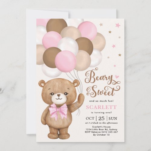 Pink Brown Teddy Bear with Balloons Girl Birthday Invitation
