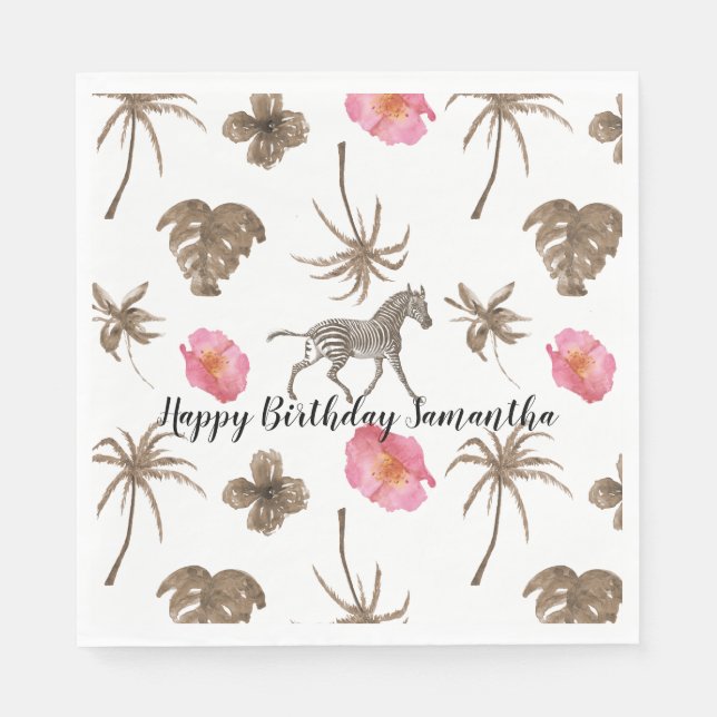 Pink Brown Tropical Zebra Floral Palm Trees Napkins (Front)