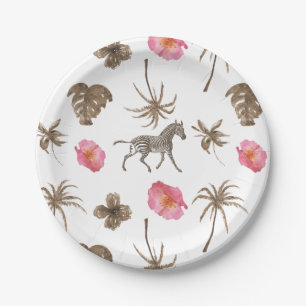 Pink Brown Tropical Zebra Floral Palm Trees Paper Plates