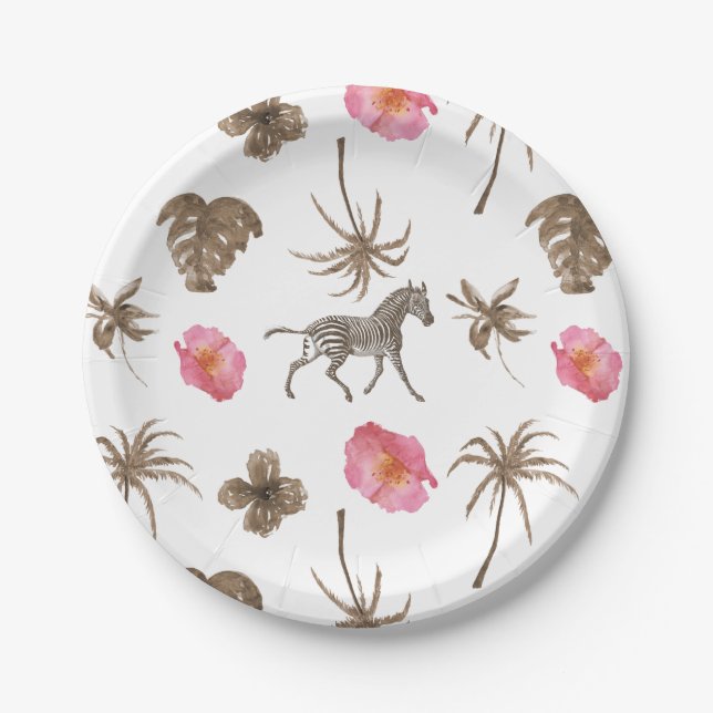 Pink Brown Tropical Zebra Floral Palm Trees Paper Plates (Front)