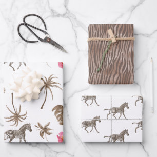 Pink Brown Tropical Zebra Floral Palm Trees Wrapping Paper Sheets