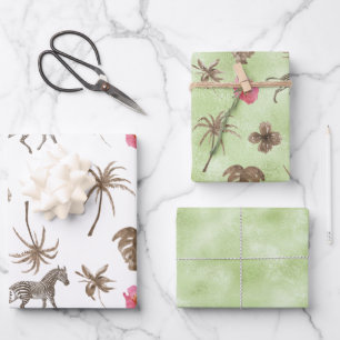 Pink Brown Tropical Zebra Floral Palm Trees Wrapping Paper Sheets