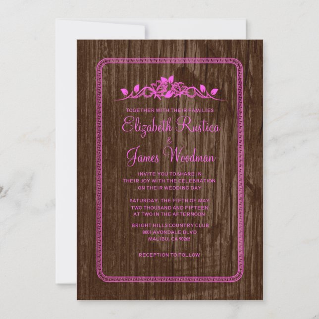 Pink & Brown Vintage Barn Wood Wedding Invitations (Front)