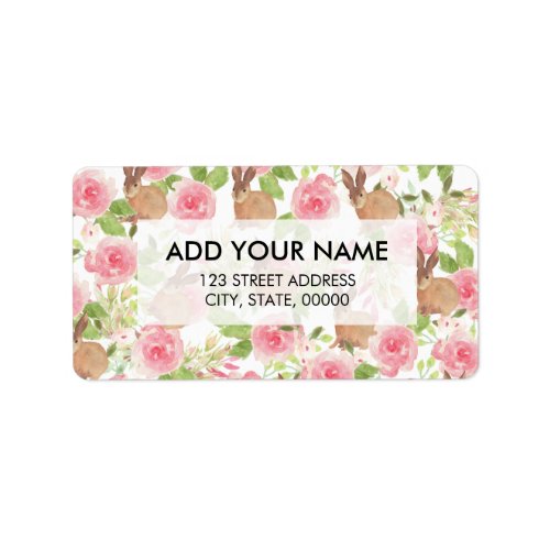 Pink brown watercolor roses floral cute bunny label