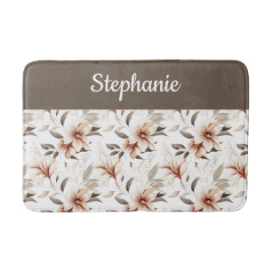 Pink Brown Watercolor Wildflower Monogram Bath Mat