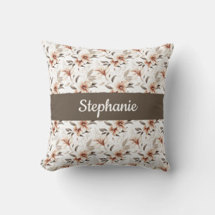 Pink Brown Watercolor Wildflower Monogram Name Throw Pillow