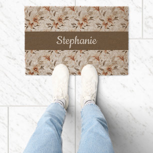 Pink Brown Watercolor Wildflower Name Fiber Doormat