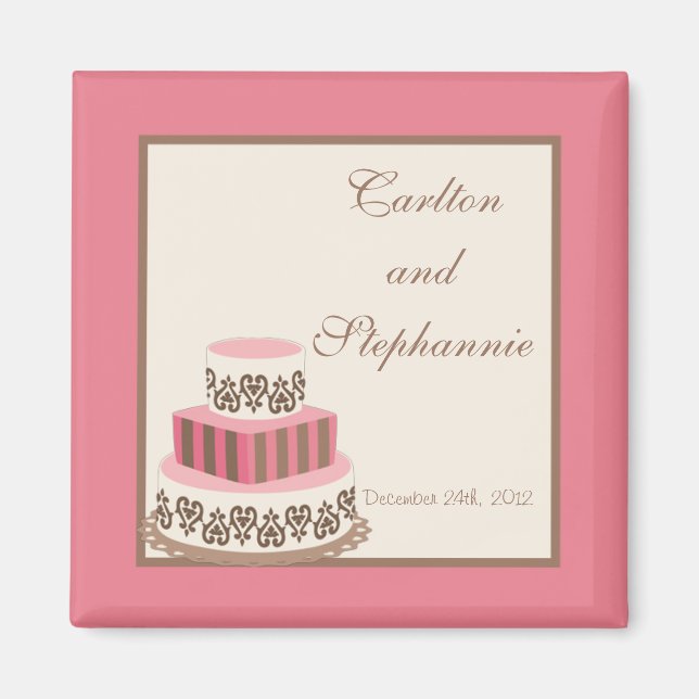 Pink/Brown Wedding Cake Magnet Favor (Front)