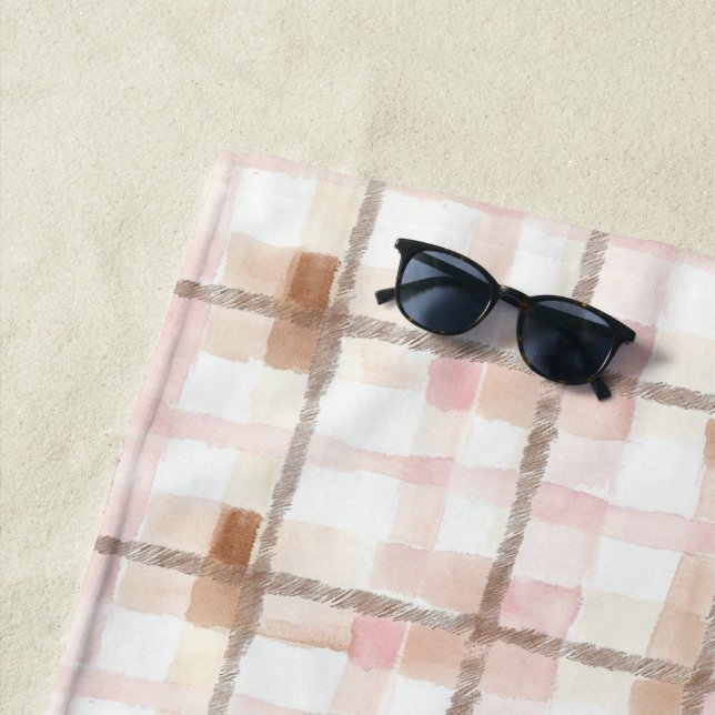 Pink Brown White Plaid Stripes Beach Towel (In Situ)