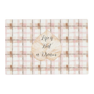 Pink Brown White Plaid Stripes Leaf Placemat