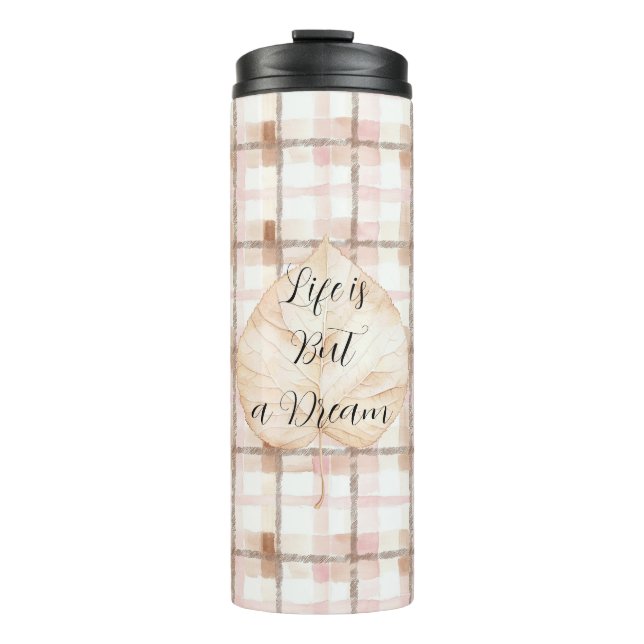 Pink Brown White Plaid Stripes Leaf Thermal Tumbler (Front)