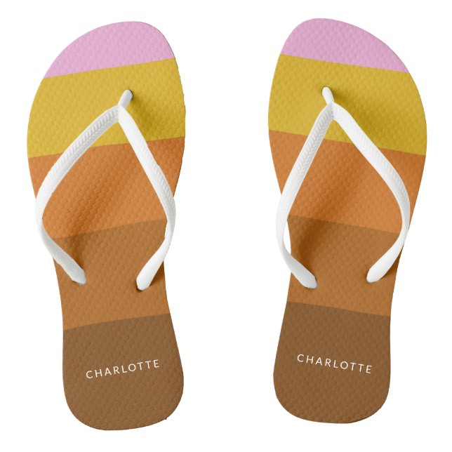 Pink Brown Wide Abstract Stripes Personalized    Flip Flops (Footbed)