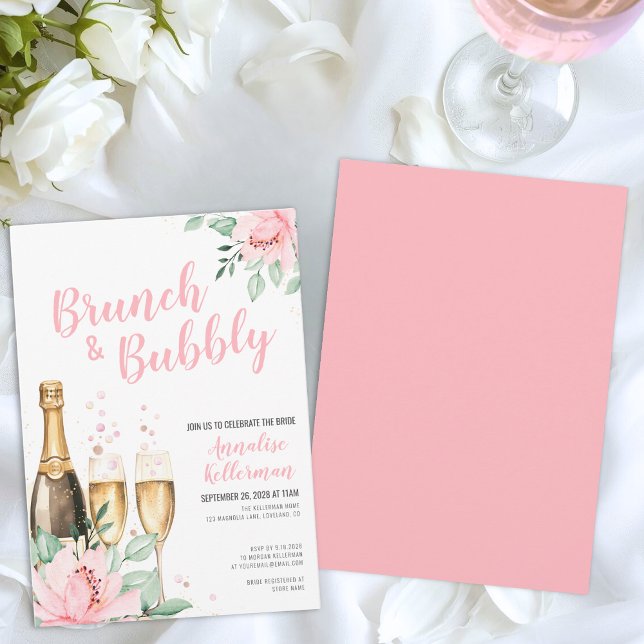 Pink Brunch And Bubbly Bridal Shower Invitation (Watercolor Pink Brunch And Bubbly Bridal Shower Invitation)