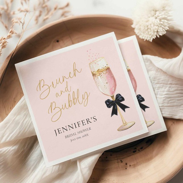 Pink Brunch and Bubbly Bridal Shower Napkins (Pink Champagne and Black Bow Bridal Shower Napkins)